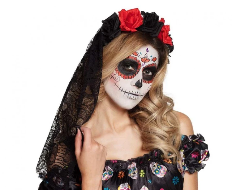Opaska Rosa z kwiatami i woalką – elegancki dodatek na Halloween i bale