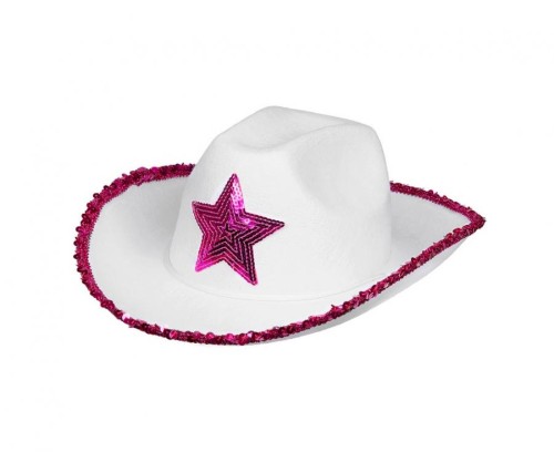 Kapelusz Rodeo z różową gwiazdą – biały dodatek na wieczór panieński