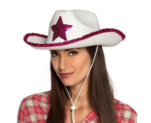 Kapelusz Rodeo z różową gwiazdą – biały dodatek na wieczór panieński