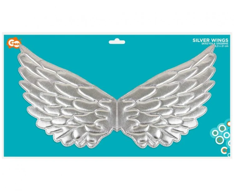 Skrzydła srebrne 45x21 cm – dodatek do kostiumu anioła, wróżki i balu