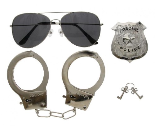 Zestaw Policjanta – kajdanki, odznaka i okulary, uniwersalny kostium