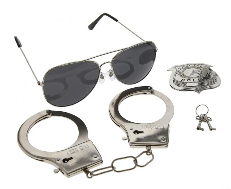Zestaw Policjanta – kajdanki, odznaka i okulary, uniwersalny kostium