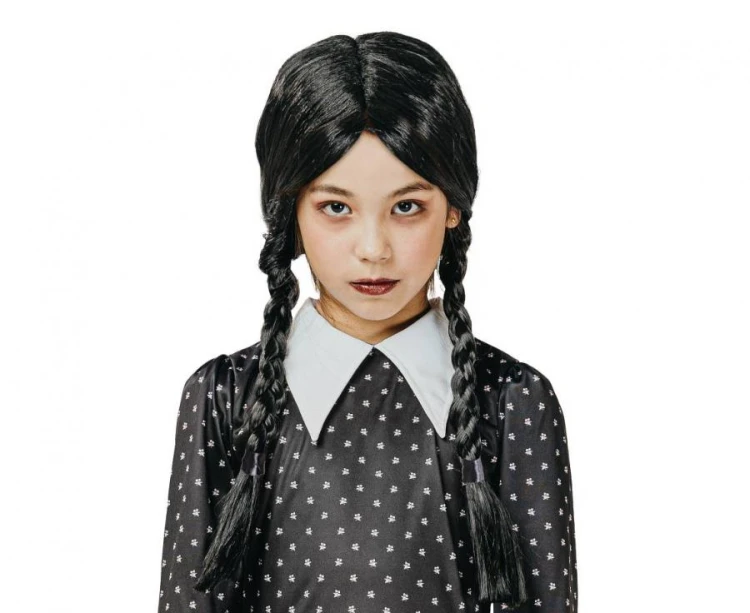 Peruka dziecięca czarne warkocze z grzywką – idealna na Halloween i bale