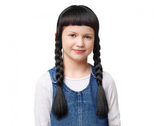 Peruka dziecięca czarne warkocze z grzywką – idealna na Halloween i bale