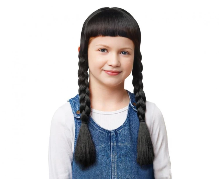 Peruka dziecięca czarne warkocze z grzywką – idealna na Halloween i bale