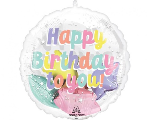 Balon foliowy Pearlized „Happy Birthday” – okrągły, kolorowy, 1 szt.