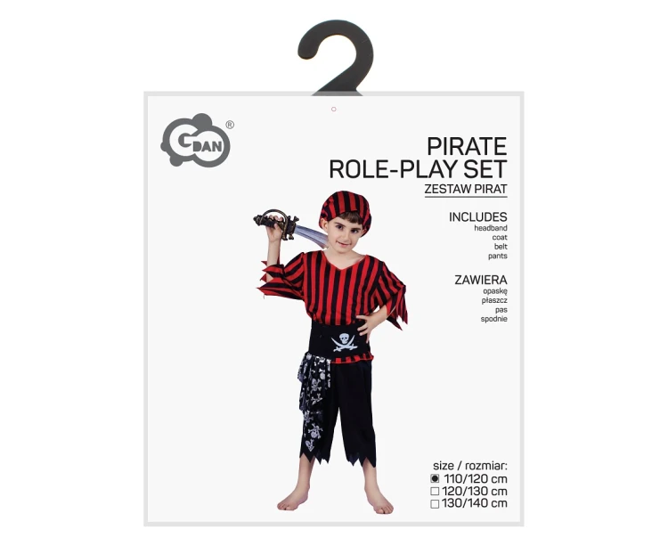 Strój pirata dla chłopca – opaska, płaszcz, pas, spodnie 110/120 cm