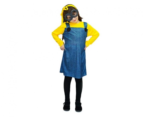 Strój Żółty Ludzik dla dziewczynki – sukienka, opaska, okulary 130/140 cm