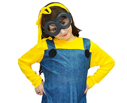 Strój Żółty Ludzik dla dziewczynki – sukienka, opaska, okulary 130/140 cm