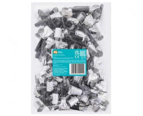 Trąbki holograficzne srebrne 100 szt – efektowny dodatek na imprezy