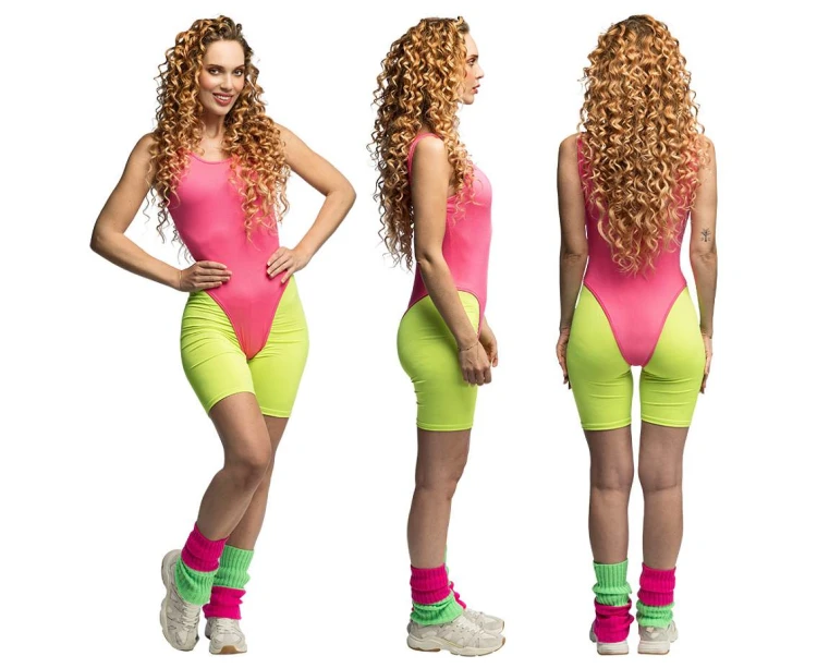 Strój do aerobiku lata 80 - Neonowy zestaw retro body i legginsy