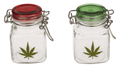 Szklany słoik z motywem konopi - mały pojemnik z klipsem 7 cm  (1).png
