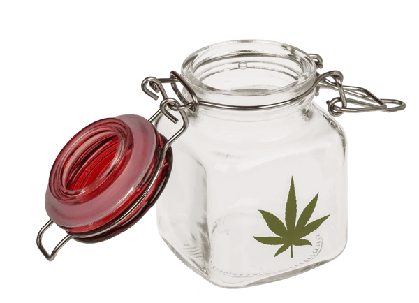 Szklany słoik z motywem konopi - mały pojemnik z klipsem 7 cm  (1).webp