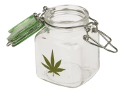 Szklany słoik z motywem konopi - mały pojemnik z klipsem 7 cm  (2).webp