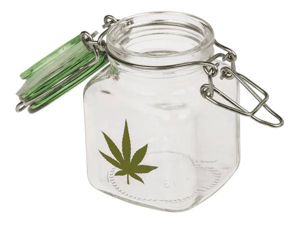 Szklany słoik z motywem konopi - mały pojemnik z klipsem 7 cm  (2).webp