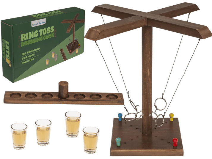 Drewniana gra alkoholowa rzut pierścieniem - zestaw z 4 kieliszkami  (6).webp