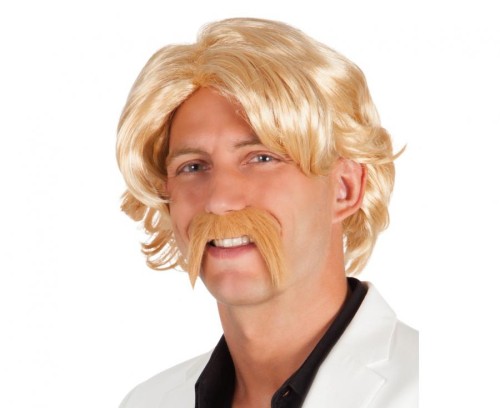 Peruka męska z wąsem Chuck - blond styl retro PRL
