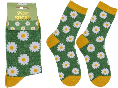 Skarpetki w Stokrotki Zielone Brokatowe - Damskie Skarpety Kwiaty 36-42  (2).webp