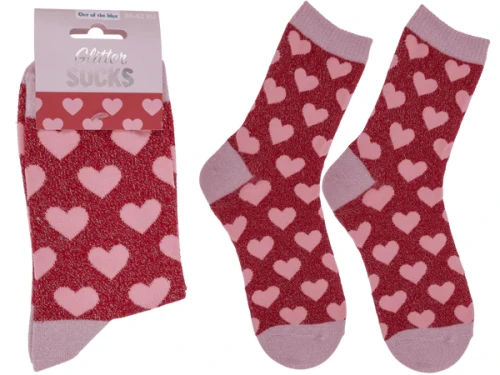 Skarpetki w Serca Czerwone Brokatowe - Skarpety na Walentynki Damskie 36-42  (1).webp