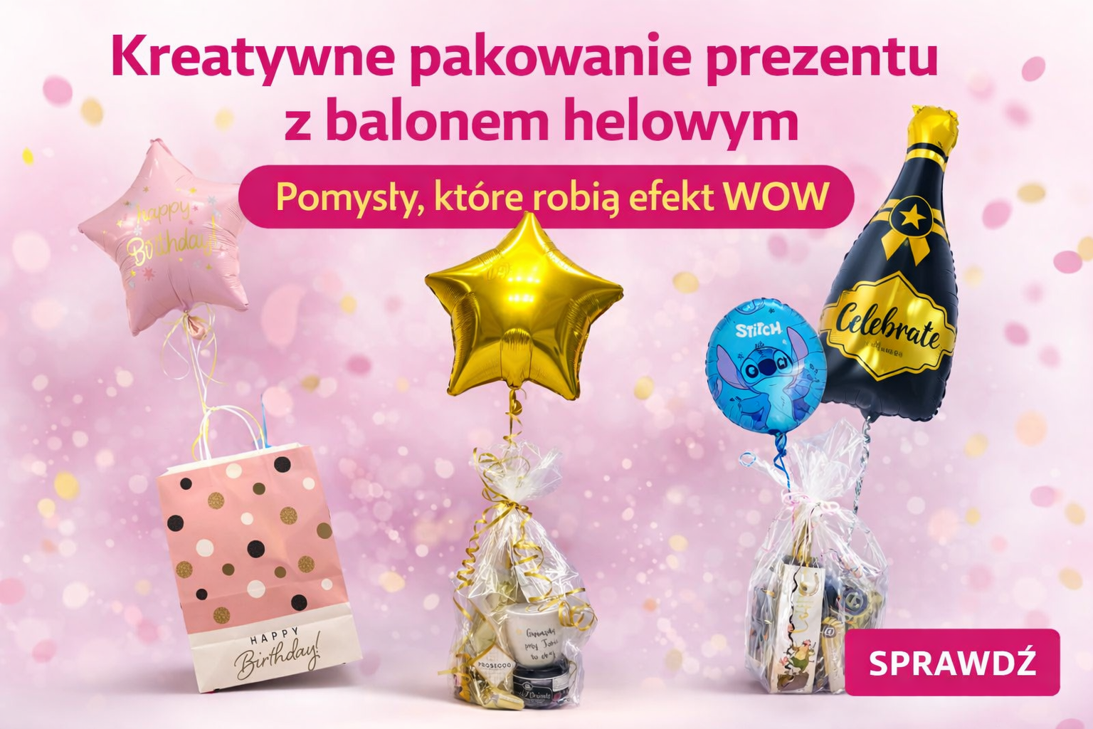 Prezenty zapakowane z wykorzystaniem balonów napompowanych helem