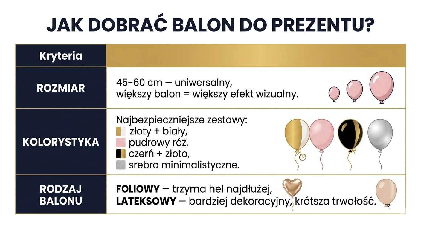 Jak dobrać balon do prezentu według najnowszych trendów tabela wg rozmiaru, koloru, rodzaju materiału
