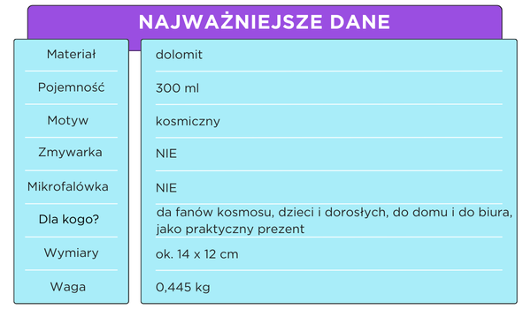Kosmiczny kubek rakieta z astronautą tabela specyfikacji produktu