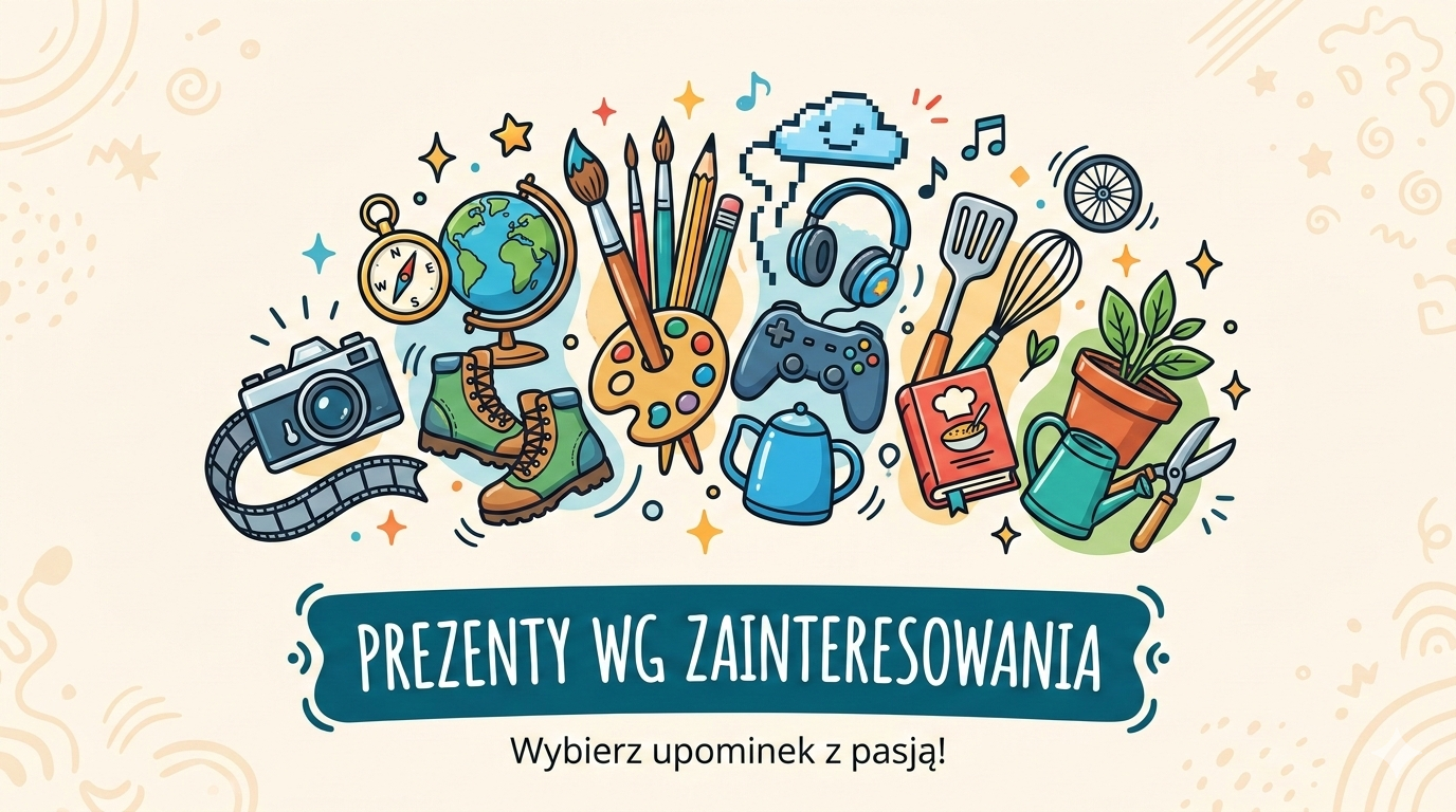 s: Ilustracja przedstawiająca różne zainteresowania takie jak fotografia, gotowanie, podróże i gaming pod napis Prezenty wg zainteresowania.